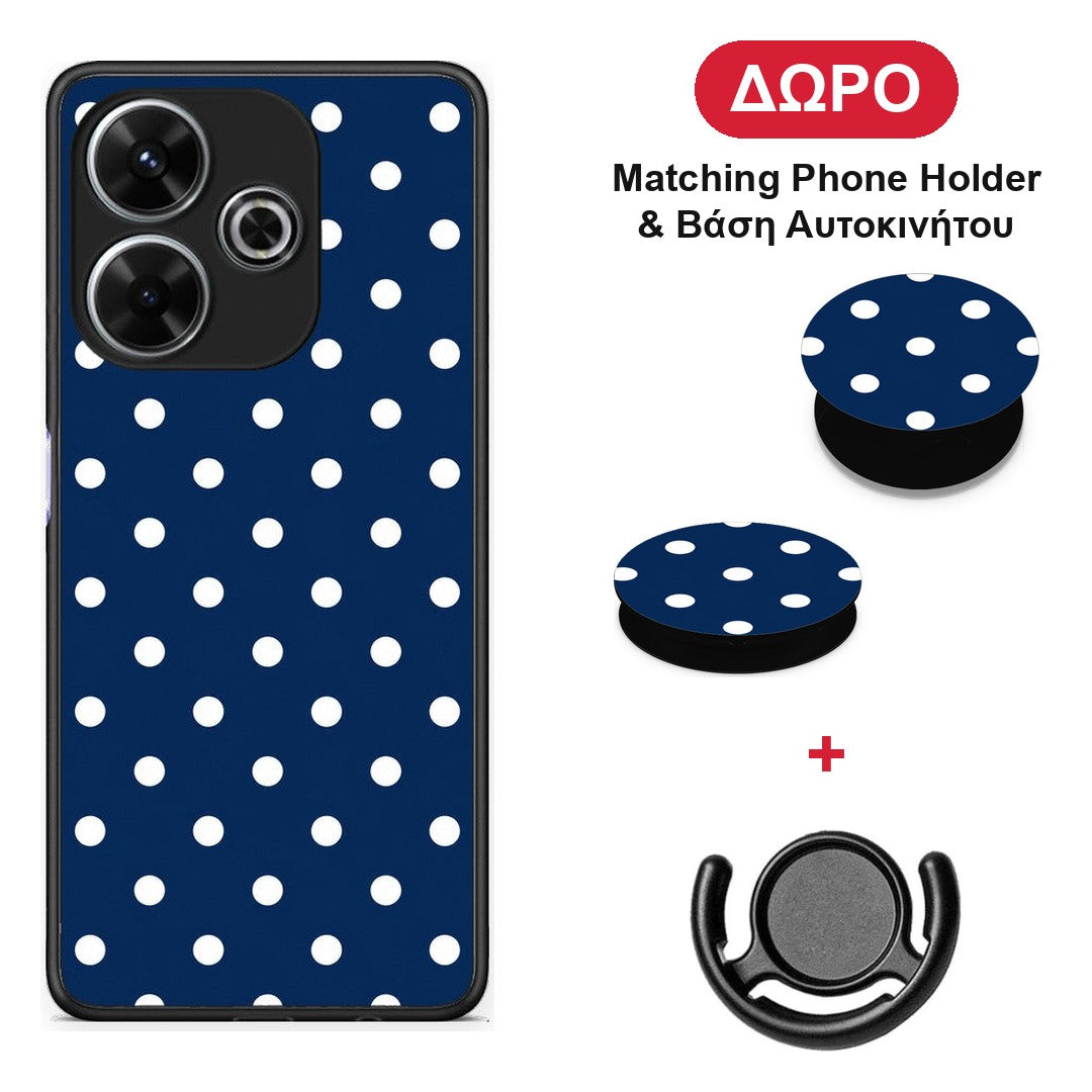 White Small Polka Dots on Navy - Xiaomi Redmi 13 θήκη + Δώρο Phone Holder & Βάση Αυτοκινήτου