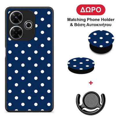 White Small Polka Dots on Navy - Xiaomi Redmi 13 θήκη + Δώρο Phone Holder & Βάση Αυτοκινήτου
