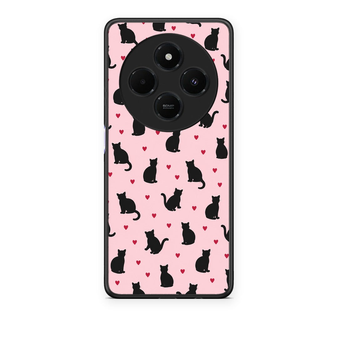 Θήκη Xiaomi Redmi 14C NFC / A3 Pro / Poco 75 4G / 5G Black Cat Silhouettes and Hearts on Pink από τη Smartfits με σχέδιο στο πίσω μέρος και μαύρο περίβλημα | Xiaomi Redmi 14C NFC / A3 Pro / Poco 75 4G / 5G Black Cat Silhouettes and Hearts on Pink case with colorful back and black bezels