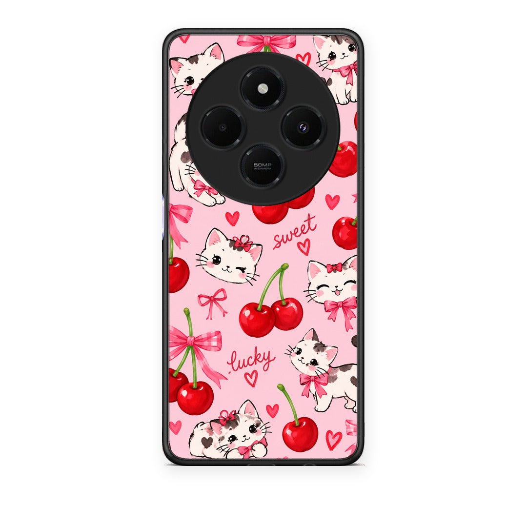 Θήκη Xiaomi Redmi 14C NFC / A3 Pro / Poco 75 4G / 5G Cherries Bows and Kittens on Pink από τη Smartfits με σχέδιο στο πίσω μέρος και μαύρο περίβλημα | Xiaomi Redmi 14C NFC / A3 Pro / Poco 75 4G / 5G Cherries Bows and Kittens on Pink case with colorful back and black bezels