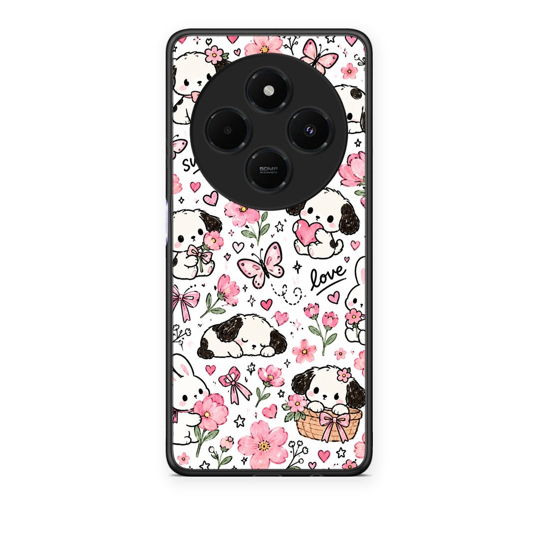 Θήκη Xiaomi Redmi 14C NFC / A3 Pro / Poco 75 4G / 5G Pink Florals Puppies and Bunnies on White από τη Smartfits με σχέδιο στο πίσω μέρος και μαύρο περίβλημα | Xiaomi Redmi 14C NFC / A3 Pro / Poco 75 4G / 5G Pink Florals Puppies and Bunnies on White case with colorful back and black bezels