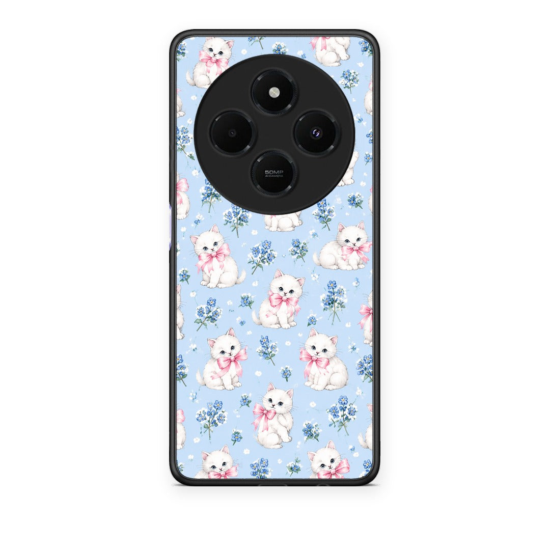 Θήκη Xiaomi Redmi 14C NFC / A3 Pro / Poco 75 4G / 5G White Kittens and Blue Flowers Small από τη Smartfits με σχέδιο στο πίσω μέρος και μαύρο περίβλημα | Xiaomi Redmi 14C NFC / A3 Pro / Poco 75 4G / 5G White Kittens and Blue Flowers Small case with colorful back and black bezels