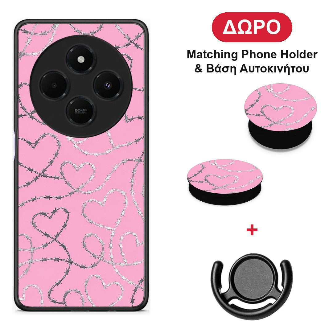 Barbed Wire Hearts on Pink - Xiaomi Redmi 14C NFC / A3 Pro / Poco 75 4G / 5G θήκη + Δώρο Phone Holder & Βάση Αυτοκινήτου