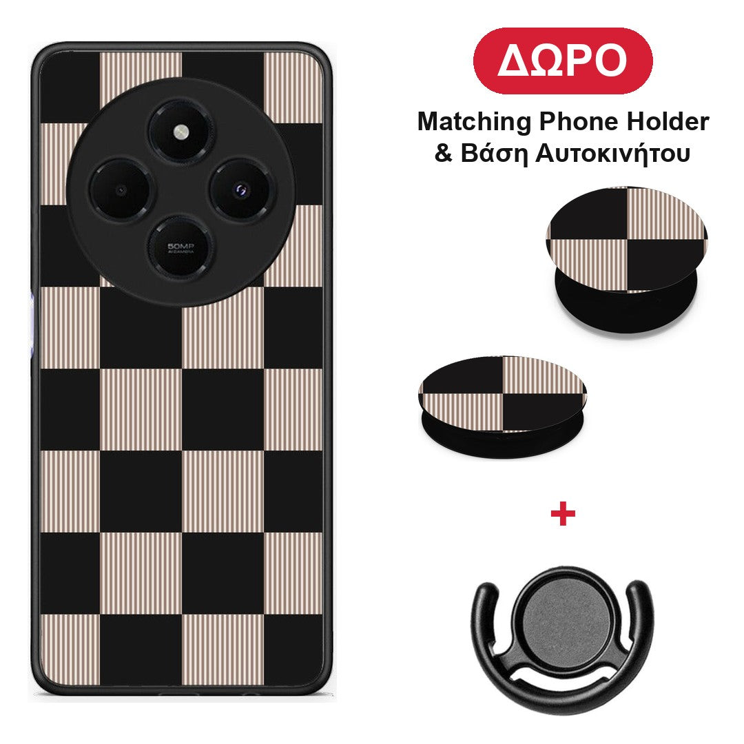 Black and Taupe Striped Checks - Xiaomi Redmi 14C NFC / A3 Pro / Poco 75 4G / 5G θήκη + Δώρο Phone Holder & Βάση Αυτοκινήτου