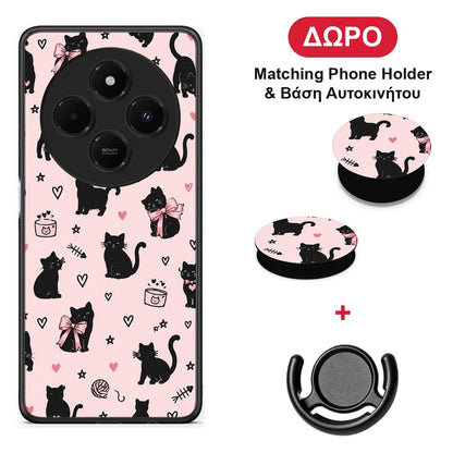 Black Cat Doodles on Pink - Xiaomi Redmi 14C NFC / A3 Pro / Poco 75 4G / 5G θήκη + Δώρο Phone Holder & Βάση Αυτοκινήτου