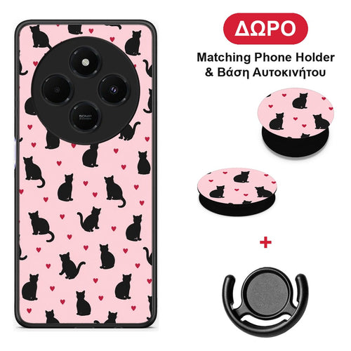 Black Cat Silhouettes and Hearts on Pink - Xiaomi Redmi 14C NFC / A3 Pro / Poco 75 4G / 5G θήκη + Δώρο Phone Holder & Βάση Αυτοκινήτου