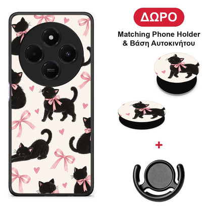 Black Kittens and Pink Bows on Cream Large - Xiaomi Redmi 14C NFC / A3 Pro / Poco 75 4G / 5G θήκη + Δώρο Phone Holder & Βάση Αυτοκινήτου