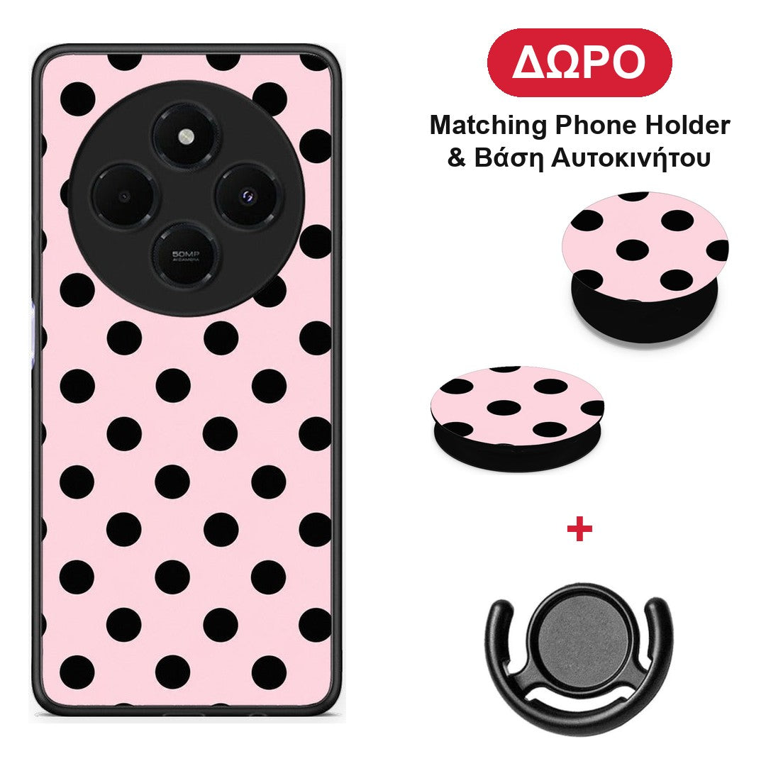 Black Polka Dots on Pink - Xiaomi Redmi 14C NFC / A3 Pro / Poco 75 4G / 5G θήκη + Δώρο Phone Holder & Βάση Αυτοκινήτου