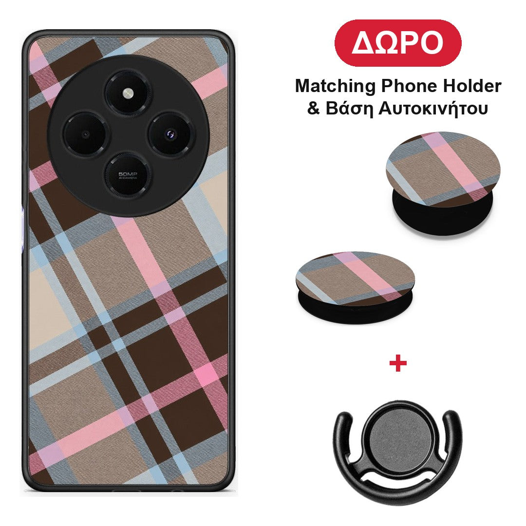 Brown Pink and Blue Diagonal Plaid - Xiaomi Redmi 14C NFC / A3 Pro / Poco 75 4G / 5G θήκη + Δώρο Phone Holder & Βάση Αυτοκινήτου