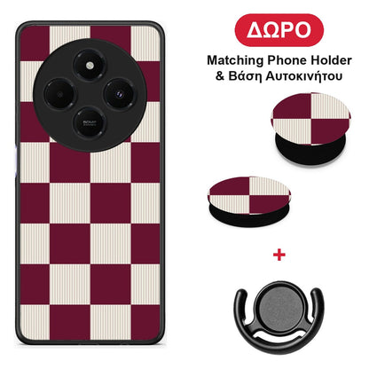 Burgundy and Cream Striped Checks - Xiaomi Redmi 14C NFC / A3 Pro / Poco 75 4G / 5G θήκη + Δώρο Phone Holder & Βάση Αυτοκινήτου