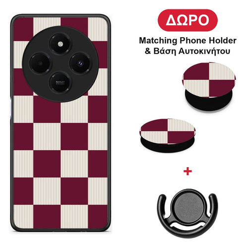 Burgundy and Cream Striped Checks - Xiaomi Redmi 14C NFC / A3 Pro / Poco 75 4G / 5G θήκη + Δώρο Phone Holder & Βάση Αυτοκινήτου