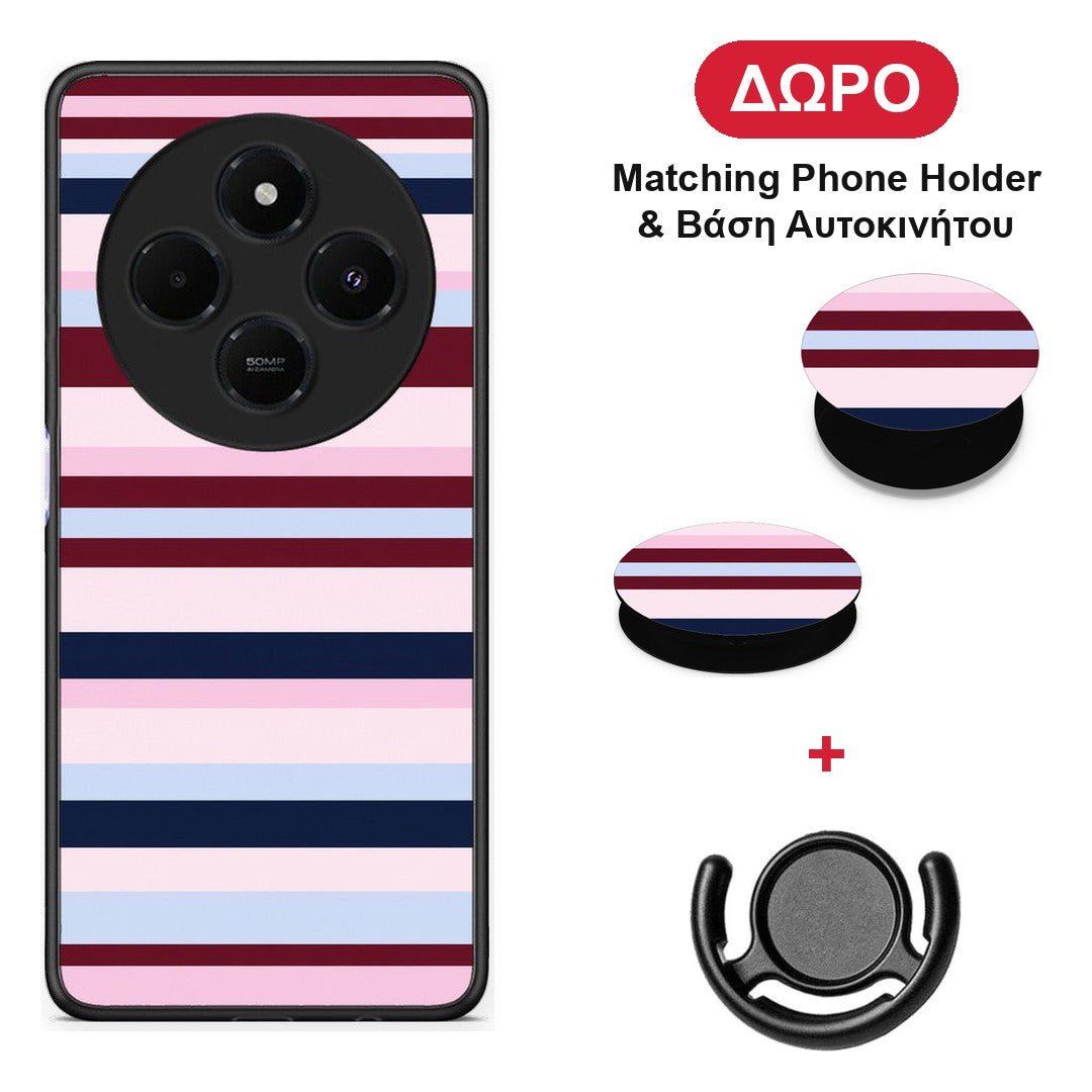 Burgundy Pink and Blue Horizontal Stripes - Xiaomi Redmi 14C NFC / A3 Pro / Poco 75 4G / 5G θήκη + Δώρο Phone Holder & Βάση Αυτοκινήτου