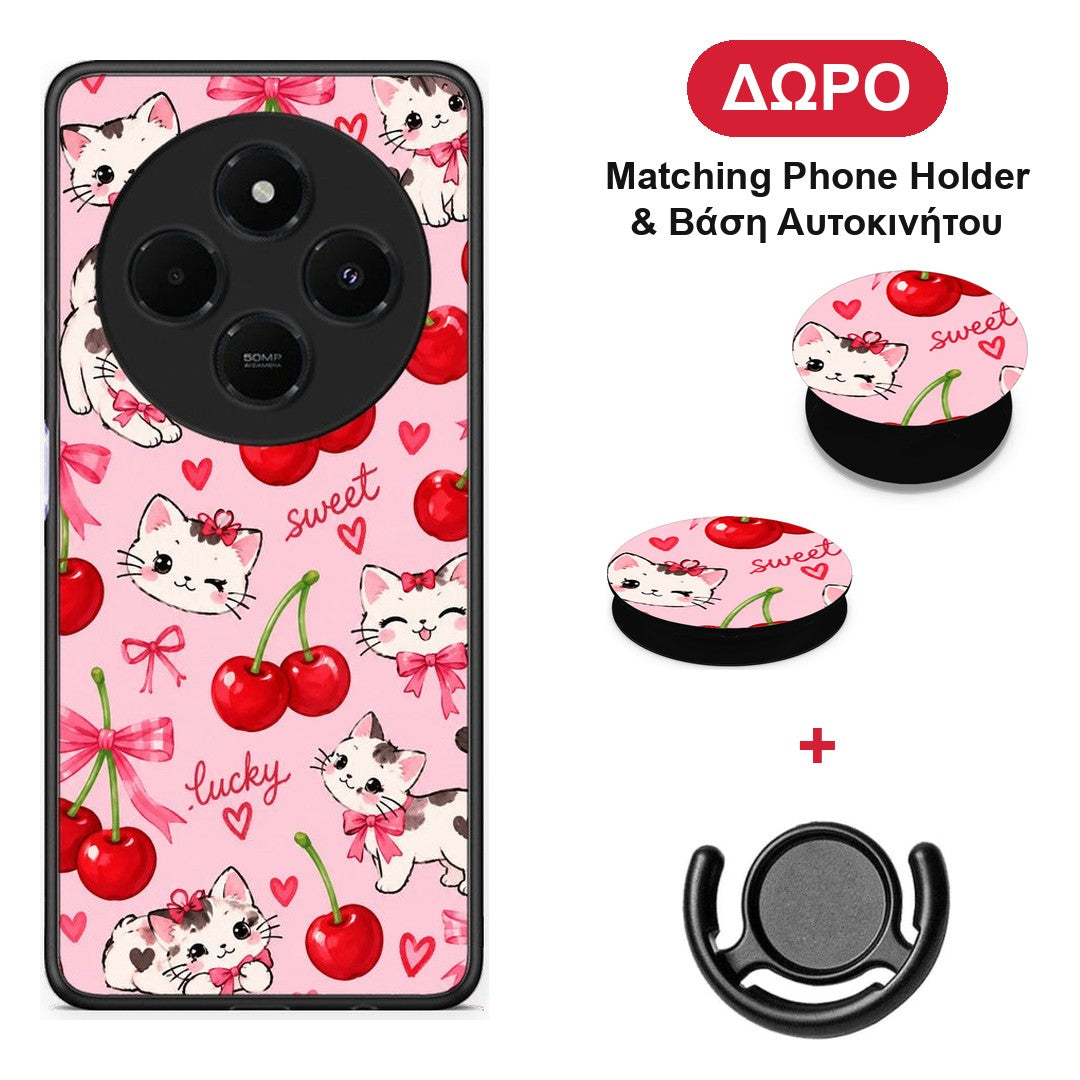 Cherries Bows and Kittens on Pink - Xiaomi Redmi 14C NFC / A3 Pro / Poco 75 4G / 5G θήκη + Δώρο Phone Holder & Βάση Αυτοκινήτου