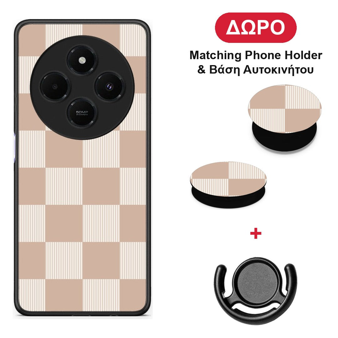 Latte and Cream Striped Checks - Xiaomi Redmi 14C NFC / A3 Pro / Poco 75 4G / 5G θήκη + Δώρο Phone Holder & Βάση Αυτοκινήτου