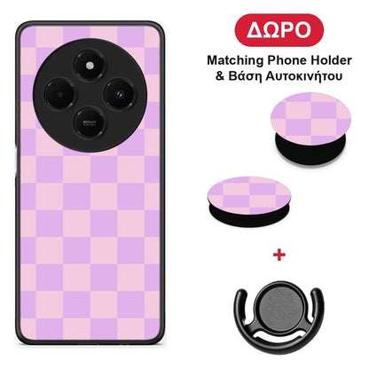 Lavender and Pink Checkerboard - Xiaomi Redmi 14C NFC / A3 Pro / Poco 75 4G / 5G θήκη + Δώρο Phone Holder & Βάση Αυτοκινήτου