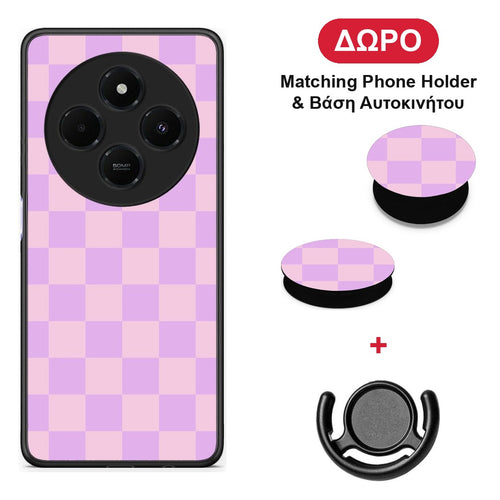 Lavender and Pink Checkerboard - Xiaomi Redmi 14C NFC / A3 Pro / Poco 75 4G / 5G θήκη + Δώρο Phone Holder & Βάση Αυτοκινήτου