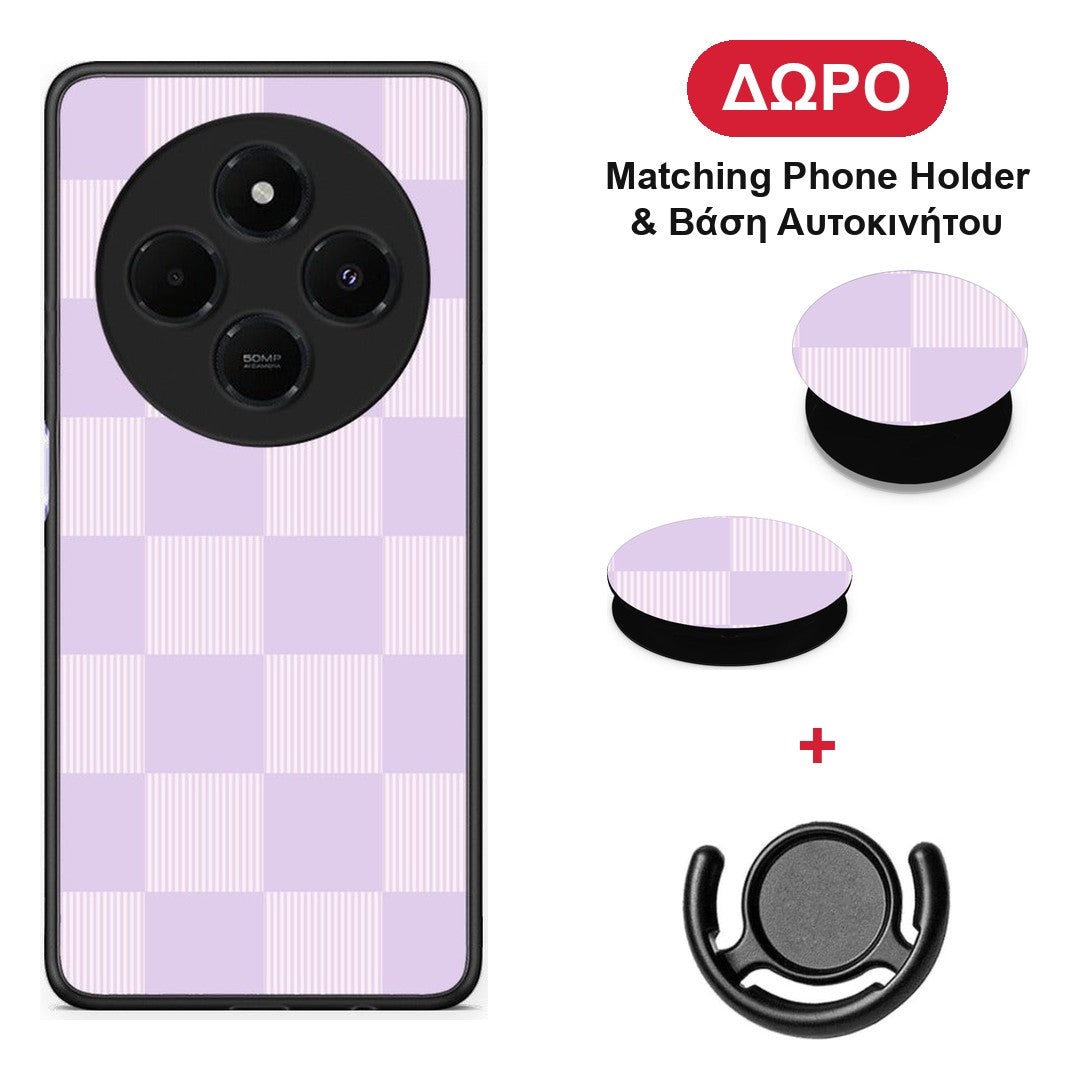 Lilac and Cream Striped Checks - Xiaomi Redmi 14C NFC / A3 Pro / Poco 75 4G / 5G θήκη + Δώρο Phone Holder & Βάση Αυτοκινήτου