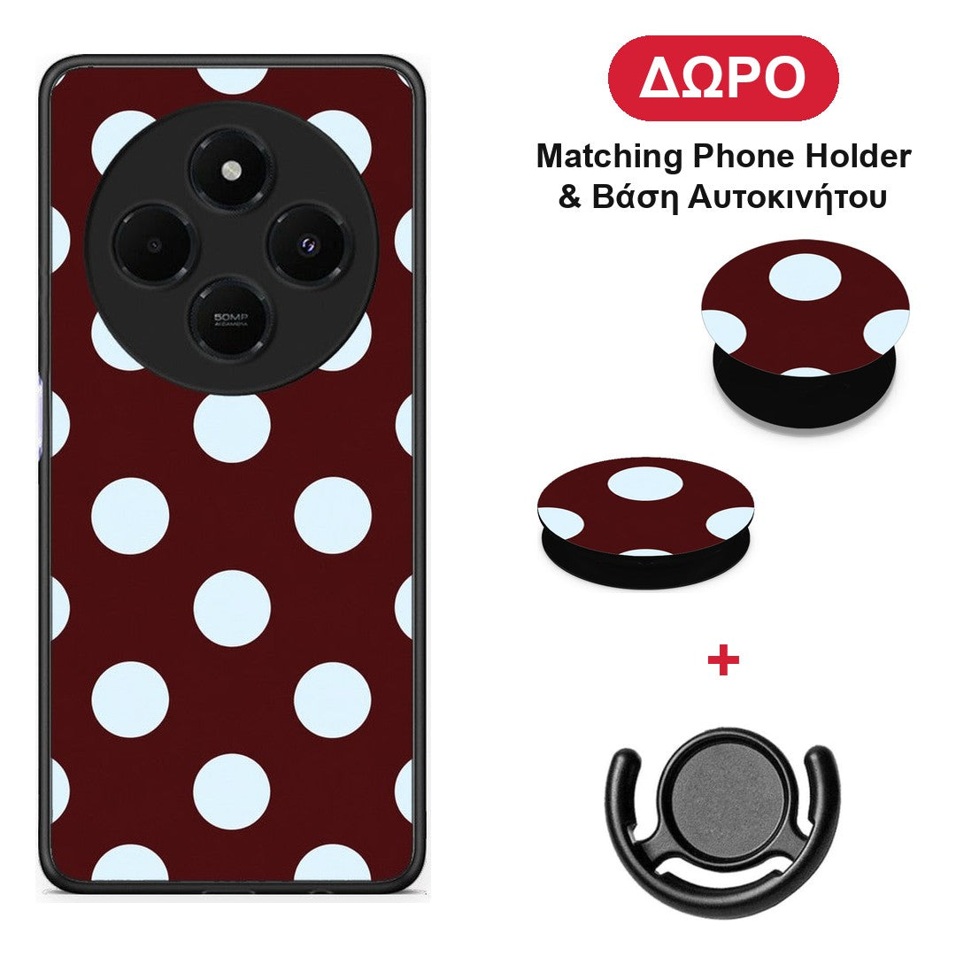 Pale Blue Large Polka Dots on Burgundy - Xiaomi Redmi 14C NFC / A3 Pro / Poco 75 4G / 5G θήκη + Δώρο Phone Holder & Βάση Αυτοκινήτου