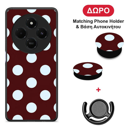 Pale Blue Large Polka Dots on Burgundy - Xiaomi Redmi 14C NFC / A3 Pro / Poco 75 4G / 5G θήκη + Δώρο Phone Holder & Βάση Αυτοκινήτου