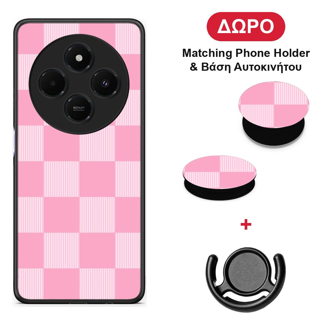 Pink and White Striped Checks - Xiaomi Redmi 14C NFC / A3 Pro / Poco 75 4G / 5G θήκη + Δώρο Phone Holder & Βάση Αυτοκινήτου