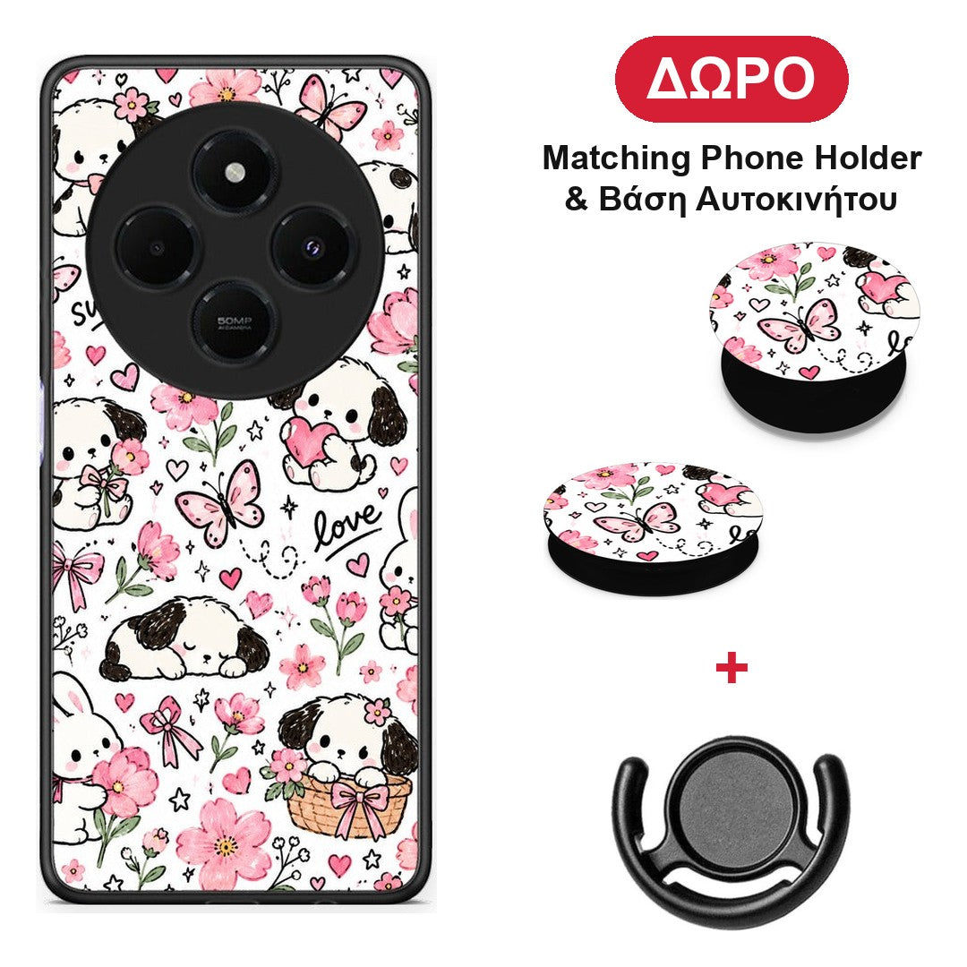 Pink Florals Puppies and Bunnies on White - Xiaomi Redmi 14C NFC / A3 Pro / Poco 75 4G / 5G θήκη + Δώρο Phone Holder & Βάση Αυτοκινήτου