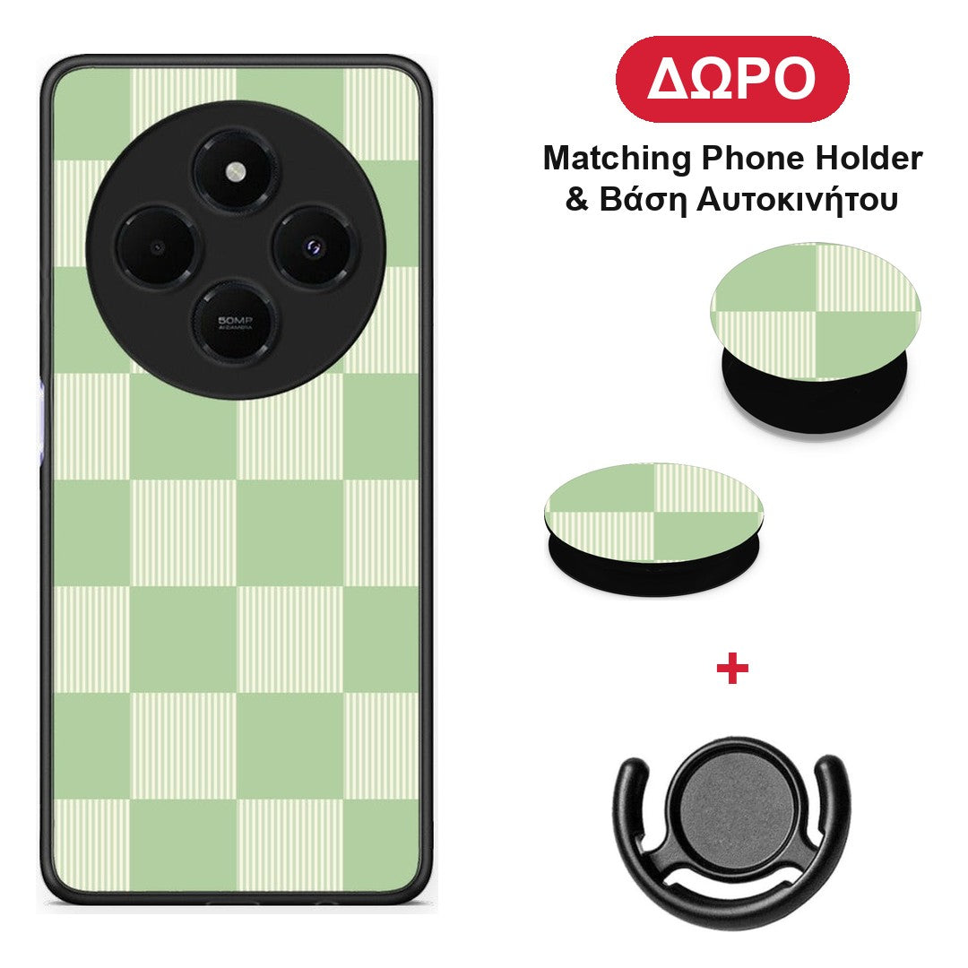 Sage and Cream Striped Checks - Xiaomi Redmi 14C NFC / A3 Pro / Poco 75 4G / 5G θήκη + Δώρο Phone Holder & Βάση Αυτοκινήτου
