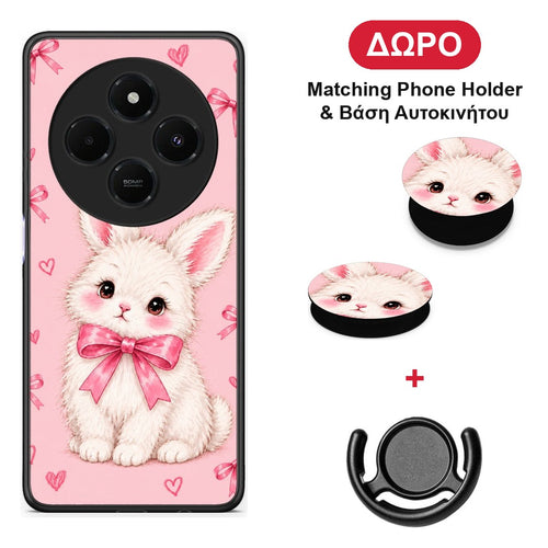 White Bunny and Pink Bows - Xiaomi Redmi 14C NFC / A3 Pro / Poco 75 4G / 5G θήκη + Δώρο Phone Holder & Βάση Αυτοκινήτου