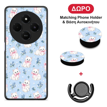 White Kittens and Blue Flowers Small - Xiaomi Redmi 14C NFC / A3 Pro / Poco 75 4G / 5G θήκη + Δώρο Phone Holder & Βάση Αυτοκινήτου