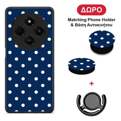 White Small Polka Dots on Navy - Xiaomi Redmi 14C NFC / A3 Pro / Poco 75 4G / 5G θήκη + Δώρο Phone Holder & Βάση Αυτοκινήτου