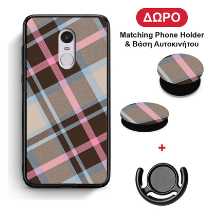 Brown Pink and Blue Diagonal Plaid - Xiaomi Redmi 5 θήκη + Δώρο Phone Holder & Βάση Αυτοκινήτου