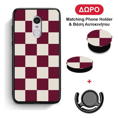 Burgundy and Cream Striped Checks - Xiaomi Redmi 5 θήκη + Δώρο Phone Holder & Βάση Αυτοκινήτου