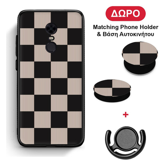 Black and Taupe Striped Checks - Xiaomi Redmi 5 Plus θήκη + Δώρο Phone Holder & Βάση Αυτοκινήτου