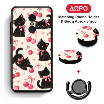 Black Kittens and Cherries on Cream - Xiaomi Redmi 5 Plus θήκη + Δώρο Phone Holder & Βάση Αυτοκινήτου