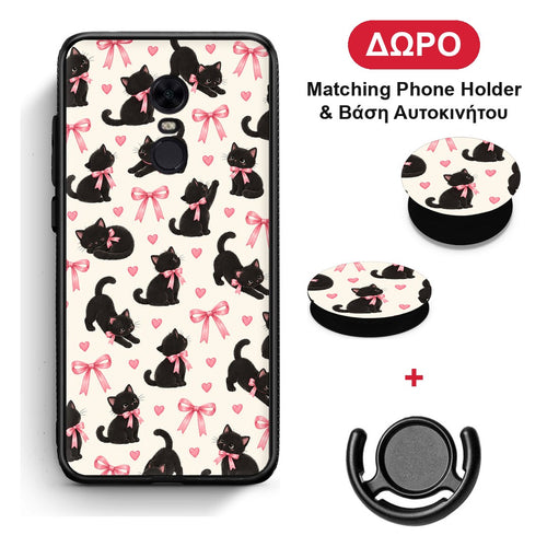 Black Kittens and Pink Bows on Cream Small - Xiaomi Redmi 5 Plus θήκη + Δώρο Phone Holder & Βάση Αυτοκινήτου