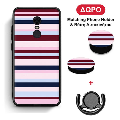 Burgundy Pink and Blue Horizontal Stripes - Xiaomi Redmi 5 Plus θήκη + Δώρο Phone Holder & Βάση Αυτοκινήτου