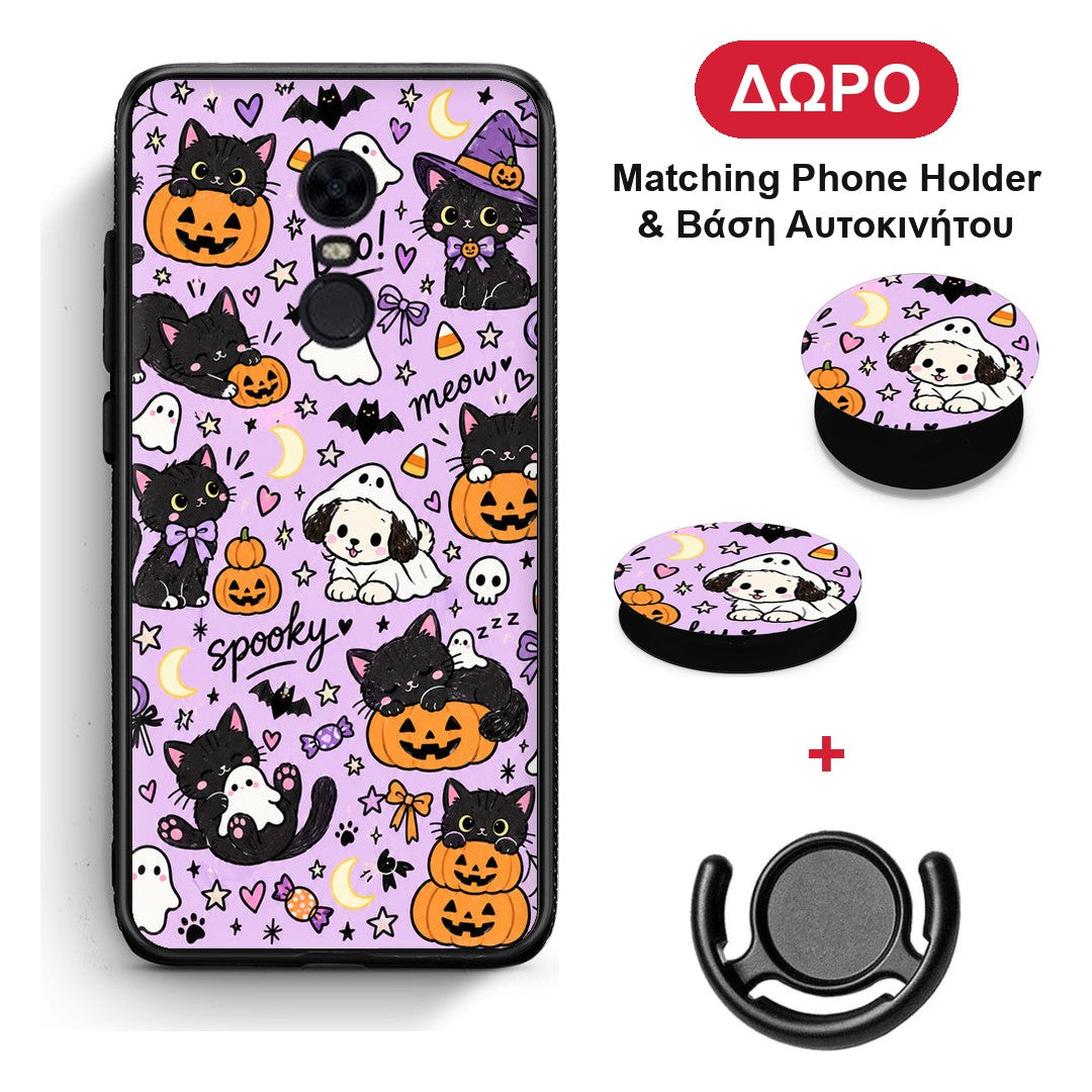 Halloween Black Cats on Lilac - Xiaomi Redmi 5 Plus θήκη + Δώρο Phone Holder & Βάση Αυτοκινήτου