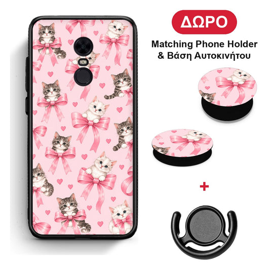 Kittens and Pink Bows on Pink - Xiaomi Redmi 5 Plus θήκη + Δώρο Phone Holder & Βάση Αυτοκινήτου