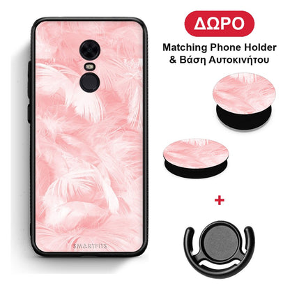 Boho Pink Feather - Xiaomi Redmi 5 Plus θήκη + Δώρο Phone Holder & Βάση Αυτοκινήτου