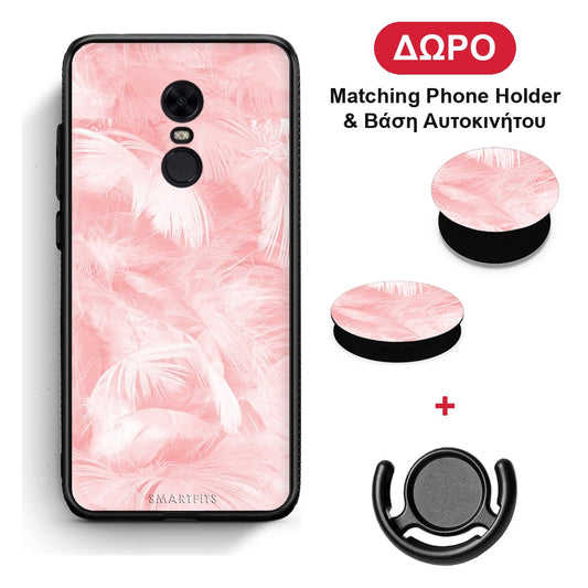 Boho Pink Feather - Xiaomi Redmi 5 Plus θήκη + Δώρο Phone Holder & Βάση Αυτοκινήτου