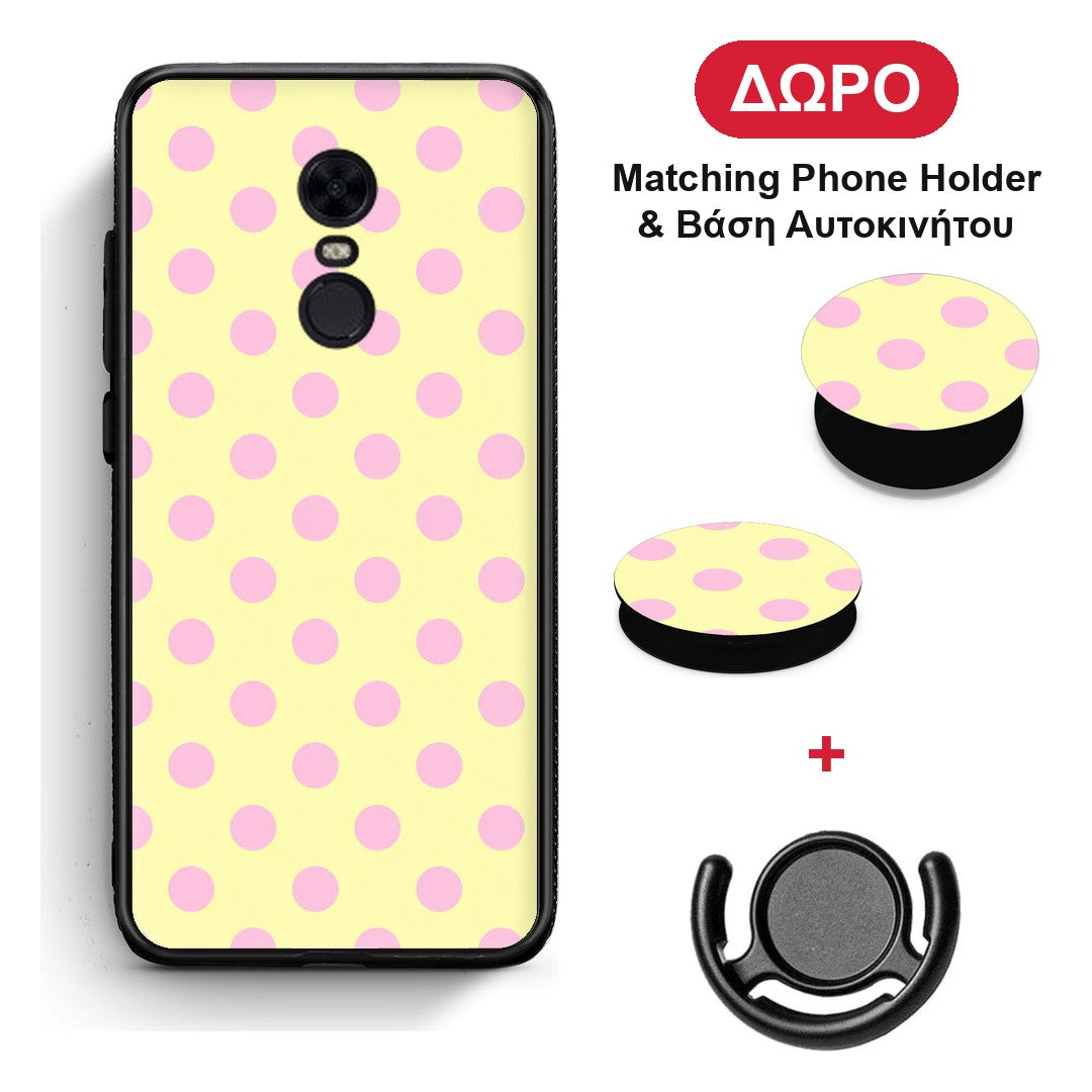 Pink Polka Dots on Yellow - Xiaomi Redmi 5 Plus θήκη + Δώρο Phone Holder & Βάση Αυτοκινήτου