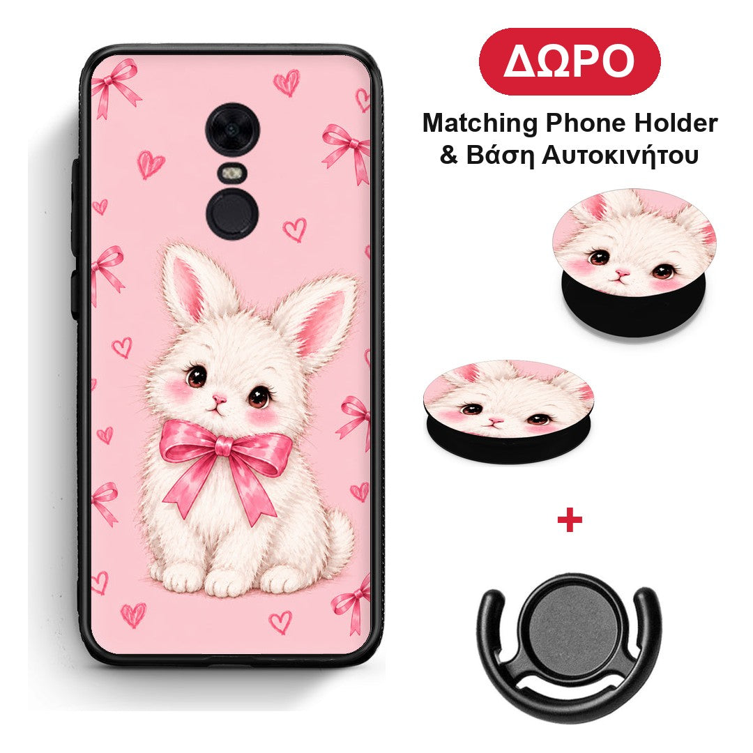 White Bunny and Pink Bows - Xiaomi Redmi 5 Plus θήκη + Δώρο Phone Holder & Βάση Αυτοκινήτου