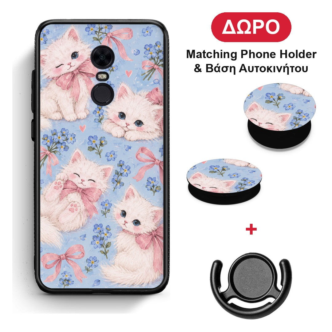 White Kittens and Blue Flowers Large - Xiaomi Redmi 5 Plus θήκη + Δώρο Phone Holder & Βάση Αυτοκινήτου