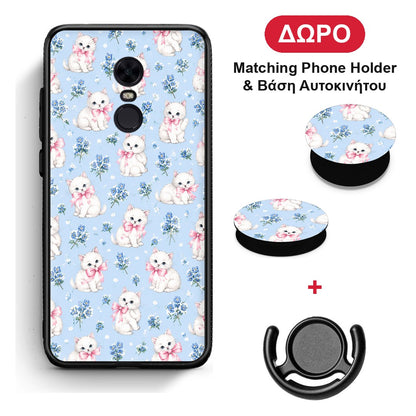 White Kittens and Blue Flowers Small - Xiaomi Redmi 5 Plus θήκη + Δώρο Phone Holder & Βάση Αυτοκινήτου