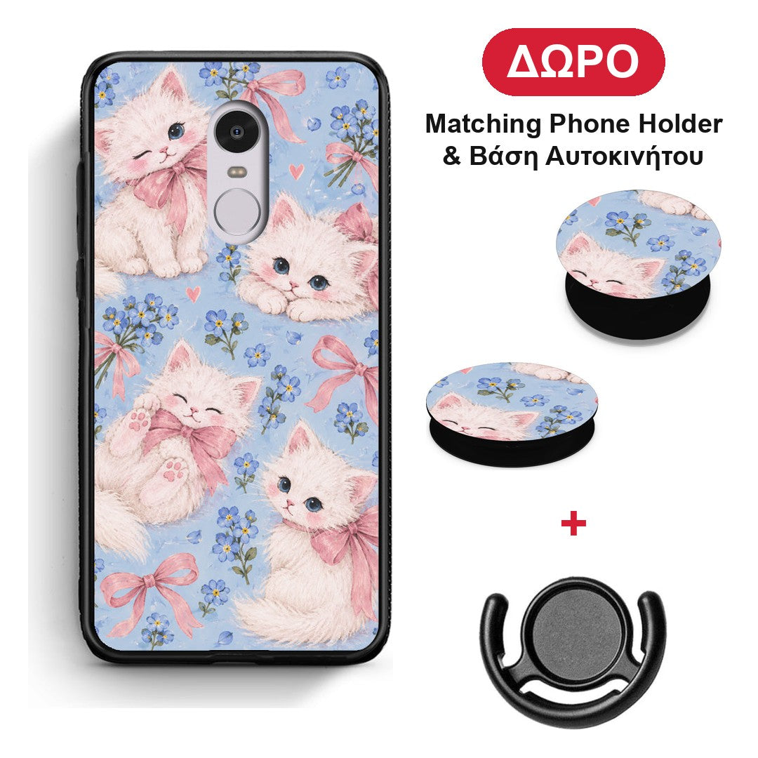 White Kittens and Blue Flowers Large - Xiaomi Redmi 5 θήκη + Δώρο Phone Holder & Βάση Αυτοκινήτου