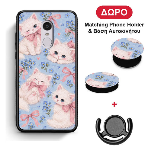 White Kittens and Blue Flowers Large - Xiaomi Redmi 5 θήκη + Δώρο Phone Holder & Βάση Αυτοκινήτου