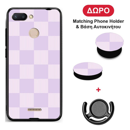 Lilac and Cream Striped Checks - Xiaomi Redmi 6 θήκη + Δώρο Phone Holder & Βάση Αυτοκινήτου