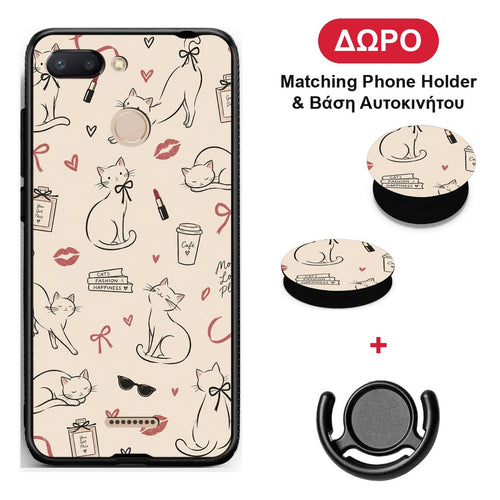 Minimal Cat and Fashion Doodles on Cream - Xiaomi Redmi 6 θήκη + Δώρο Phone Holder & Βάση Αυτοκινήτου
