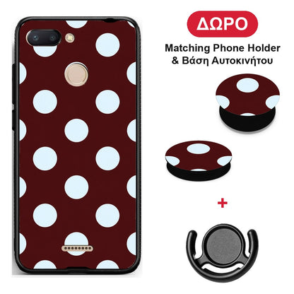 Pale Blue Large Polka Dots on Burgundy - Xiaomi Redmi 6 θήκη + Δώρο Phone Holder & Βάση Αυτοκινήτου