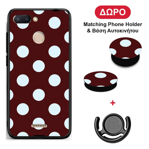 Pale Blue Large Polka Dots on Burgundy - Xiaomi Redmi 6 θήκη + Δώρο Phone Holder & Βάση Αυτοκινήτου