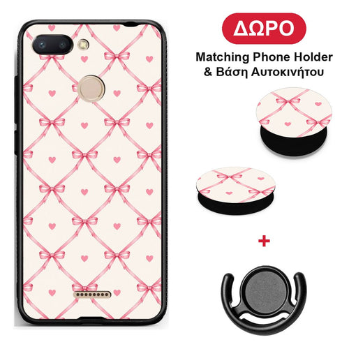 Pink Bow Lattice and Hearts on Cream - Xiaomi Redmi 6 θήκη + Δώρο Phone Holder & Βάση Αυτοκινήτου